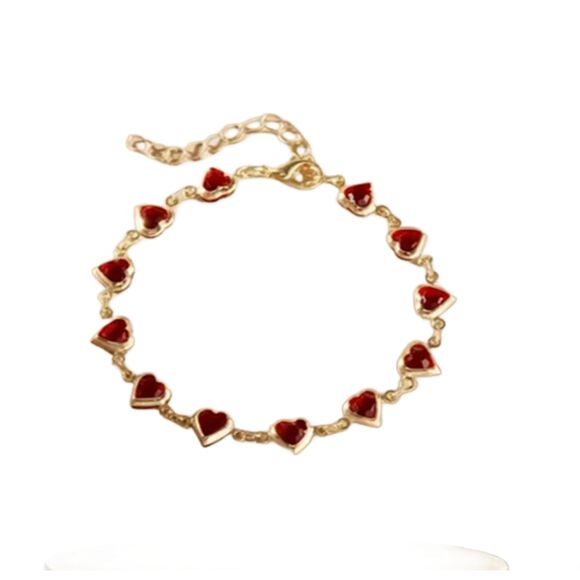 Gold Red Heart Resin Link Bracelet Adjustable Hearts - Picture 9 of 9
